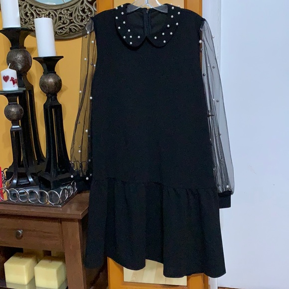 Womens Mesh Long Sleeve Pearl Accents Zip Up Tunic Dress - Picture 2 of 10